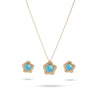 Turquoise & Gold Filigree Jewelry Set - Dainty Mesh Floral Pendant Necklace & Matching Stud Earrings