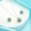 Turquoise & Gold Filigree Jewelry Set - Dainty Mesh Floral Pendant Necklace & Matching Stud Earrings