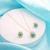 Turquoise & Gold Filigree Jewelry Set - Dainty Mesh Floral Pendant Necklace & Matching Stud Earrings