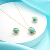 Turquoise & Gold Filigree Jewelry Set - Dainty Mesh Floral Pendant Necklace & Matching Stud Earrings